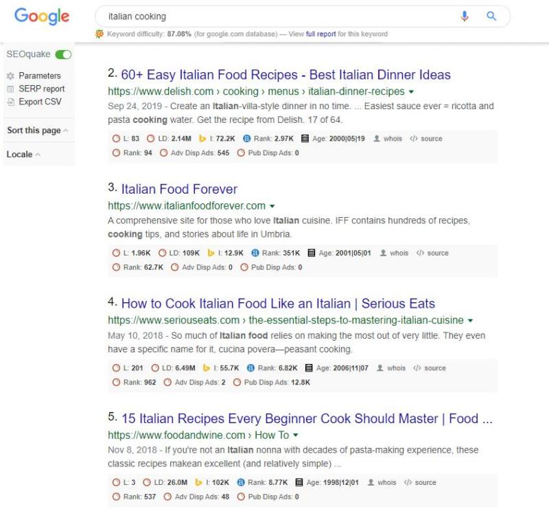 Using SEOQuake to get more insight into our search results.