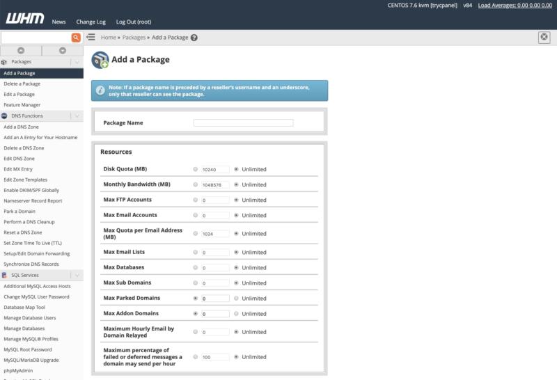 Creating a new hosting package in WHM.